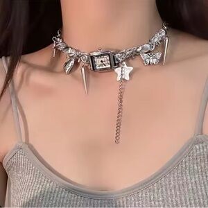 Y2K Chain Necklace Cyber Punk Watch Pendant Choker Whimsigoth Whimsy Goth Clock